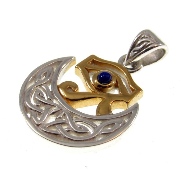 Solid 925 Sterling Silver & 18k Gold Celtic Scota Goddess Eye of Horus Pendant - Picture 4 of 5